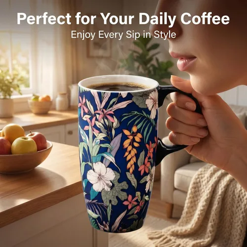 Miniatura 7 de Topadorn Taza de Café de Cerámica Taza de Viaje Regalo con Tapa 17oz., Taza de Té Alta de Porcelana con Asa para el Hogar y la Oficina, Taza