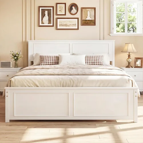 Miniatura 14 de Giantex Marco de cama de plataforma de madera maciza de tamaño matrimonial, marco de cama matrimonial de mediados de siglo con cabecero, soporte