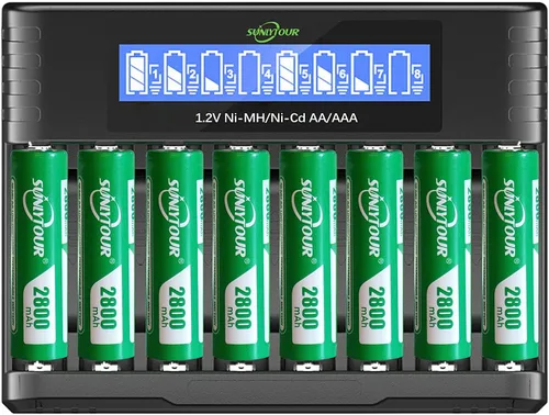 Batería AA Ni-MH de 2800 mAh con cargador 8 pilas AA Ni-MH de 2800 mAh con 8 ranuras para cargador de batería, recarga hasta 1200 ciclos