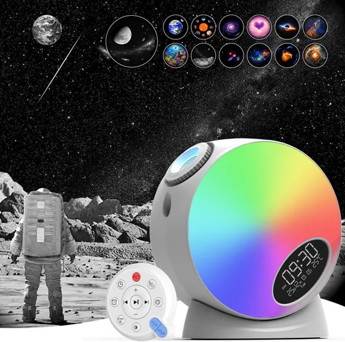Miniatura 9 de Proyector Galaxy Pro para dormitorio, proyector de estrellas planetario 13 en 1, luz nocturna con temporizador y ruido blanco, control remoto, reloj