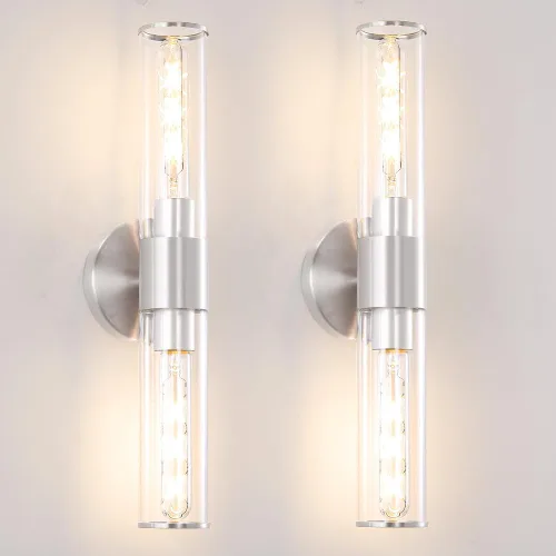Miniatura 13 de Juego de 2 apliques de pared de níquel cepillado (solo cableado), lámparas de tocador de baño, modernas luces de pared cilíndricas de vidrio