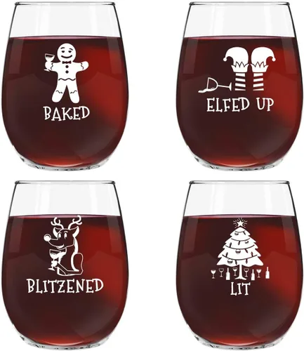 Drunk Christmas - Juego de 4 copas de vino divertidas sin tallo | Divertidas copas de vino temáticas de Navidad para fiestas de vacaciones | 4