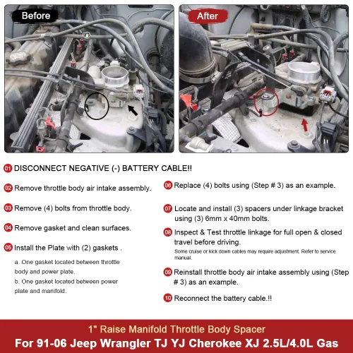 Miniatura 4 de Espaciador del cuerpo del acelerador compatible con Jeep Wrangler TJ YJ LJ Cherokee XJ 91-06 motor de gasolina 2.5L/4.0L MJ con junta de 1 pulgada
