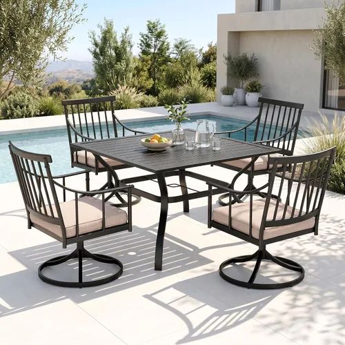 Miniatura 20 de PHI VILLA Juego de comedor al aire libre de 7 piezas con cojín, mesa de comedor rectangular de metal de 60 pulgadas con agujero para sombrilla y 6