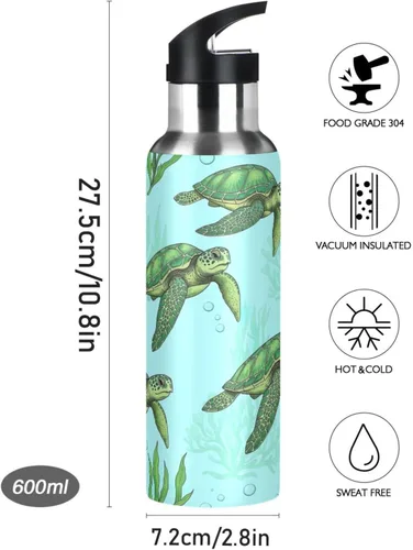 Miniatura 9 de Insulated Stainless Steel Water Bottle with Straw 20 Oz, Leakproof Water Bottles for Gym Outdoor Travel School, Green Sea Turtles