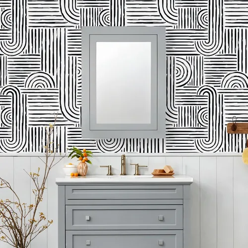 Miniatura 5 de VEELIKE Papel tapiz geométrico blanco y negro para despegar y pegar, papel tapiz abstracto moderno para dormitorio, baño, decoración de pared