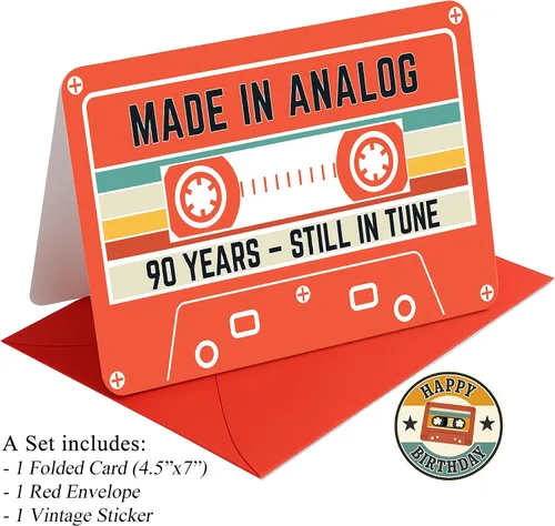 Miniatura 2 de Tarjeta de cumpleaños 90 – Diseño retro de cinta de casete – Hecho en analógico, todavía en sintonía – Regalos de 90 años para él o ella – Tarjeta