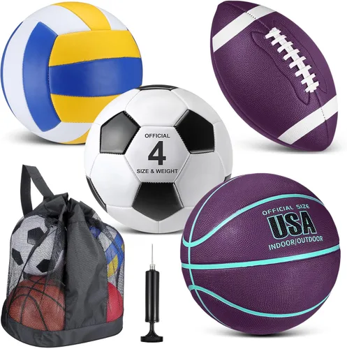 HyDren Juego de 4 pelotas deportivas de tamaño oficial para baloncesto, balón de fútbol, voleibol, con bolsa de transporte y inflador, regalo para