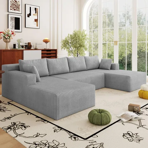 Miniatura 59 de Sofá modular Cloud de 95 pulgadas con otomana, moderno sofá nube en forma de U con asiento profundo, cómodo sofá de pana de 3 plazas, sofá de espuma