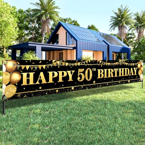 KatchOn, Cartel de feliz cumpleaños 50 extra grande – 120 x 20 pulgadas | Decoraciones de cumpleaños 50 para mujeres y hombres | Cartel de feliz