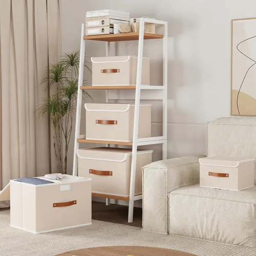 Miniatura 2 de Yawinhe SNK024BEN-1 Cajas de almacenamiento plegables, cestas apilables de tela de lino, contenedor con tapa y asa de cuero, lavable, para el hogar