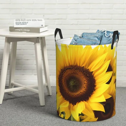Miniatura 8 de Cesta circular con estampado de girasol, impermeable, organizador de almacenamiento, cesta de lavandería con asas para ropa, juguetes, tamaño mediano