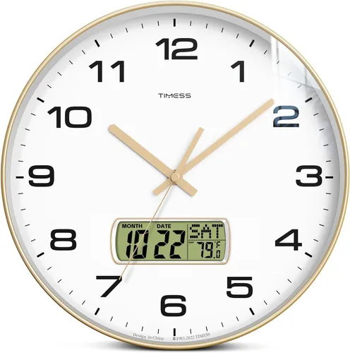 Miniatura 9 de Reloj de pared TIMESS, esfera de 10" sin tictac, silencioso, funciona con pilas, analógico con pantalla LCD para calendario perpetuo y temperatura