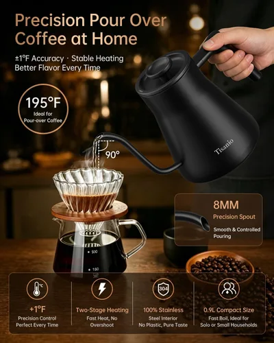 Miniatura 3 de Hervidor eléctrico de cuello de cisne para verter sobre café, control de precisión de ±1 °F, calefacción inteligente de dos etapas, 2 horas