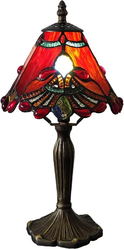 Tiffany - Lámpara de mesa con perlas rojas, estilo barroco, vitral, luz de escritorio, pequeña lámpara de noche estilo Tiffany con bombilla LED para