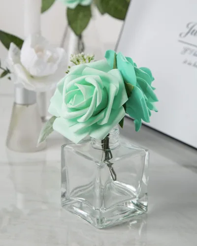 Miniatura 5 de DuHouse 25 rosas artificiales con tallos, flores de espuma de tacto real para bricolaje, ramo de boda, centro de mesa, arreglo floral, fiesta, Verde