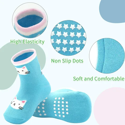 Miniatura 4 de Calcetines antideslizantes para niños pequeños, 15 pares, calcetines de agarre para niñas y niños de 0 a 7 años, calcetines suaves de dibujos