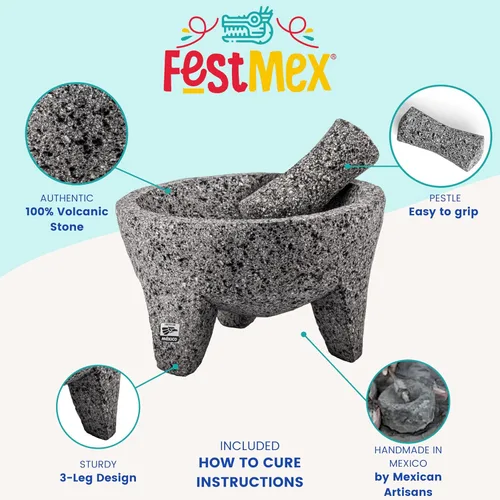 Miniatura 4 de Mortero y Mano de Mortero Mexicano Genuino Hecho a Mano, Molcajete Mexicano — Utensilios de Cocina Mexicanos Perfectos como Cuenco para Guacamole
