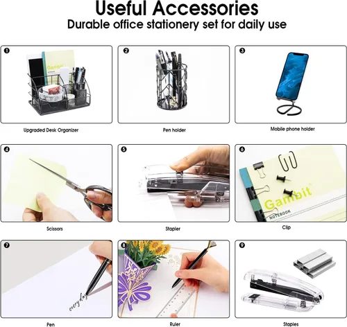 Miniatura 5 de KAAKOW Organizadores de Escritorio Negros y Accesorios Juego de Suministros de Oficina Grapadora, Portabolígrafos, Soporte para Teléfono, Tijeras