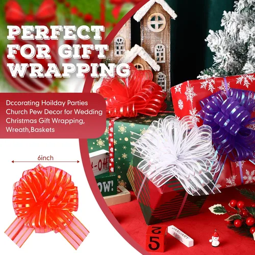 Miniatura 2 de Poen 12 Lazos Grandes de Navidad para Envolver Regalos de 6" Lazos de Tirar Multicolores de Cinta Navideña para Regalos, Cestas de Boda, Cajas
