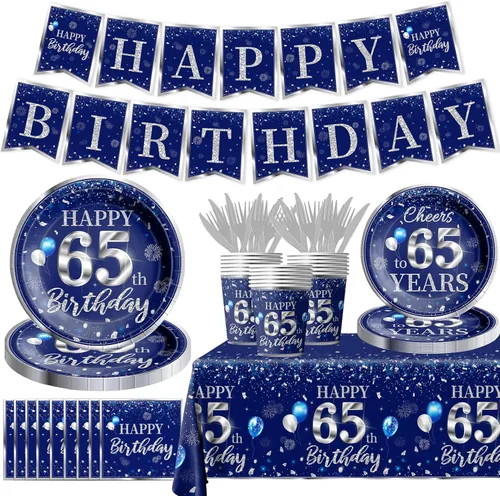Miniatura 8 de Juego de vajilla de 142 piezas para decoración de cumpleaños número 50, color plateado y azul, suministros de fiesta de cumpleaños número 50
