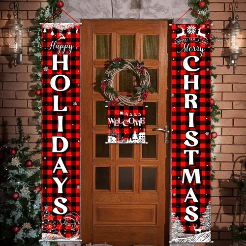 Miniatura 6 de Cartel navideño de 3 piezas de Navidad para porche, pancarta de Feliz Navidad, pancarta de bienvenida para puerta delantera, letrero colgante