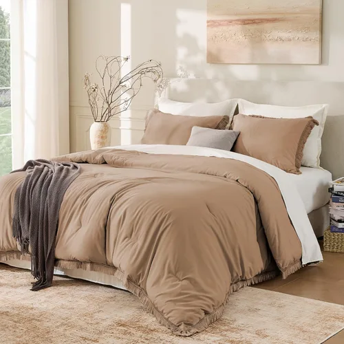 Miniatura 24 de Andency - Juego de edredón tamaño completo de color naranja quemado, 3 piezas, ropa de cama ligera de estilo bohemio terracota para invierno, juego