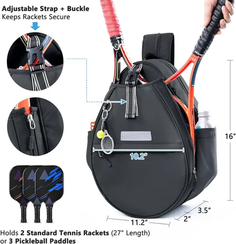 Miniatura 3 de Mochila de Tenis con Soporte para 2 Raquetas, Bolsa de Raqueta de Tenis de Cuero PU Resistente al Agua para Mujeres y Hombres, Mochila Deportiva