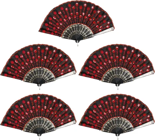 InnoLife Elegante abanico de mano plegable con flores bordadas y patrón de pavo real con lentejuelas en tela artesanal (5 piezas, rojo)
