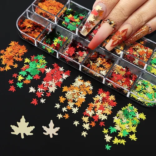 12 colores otoño uñas arte pegatinas hoja de arce uñas purpurina lentejuelas 3D arte uñas accesorios otoño hoja forma copos holográficos oro rojo