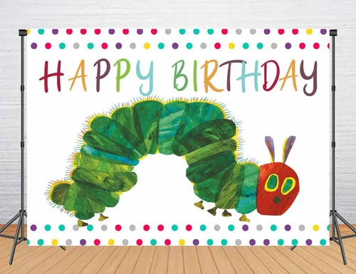 Miniatura 8 de Fondo de fotografía de feliz cumpleaños para fiesta temática de oruga, 7 x 5 pies, dibujos animados de insectos de color arco iris para niños