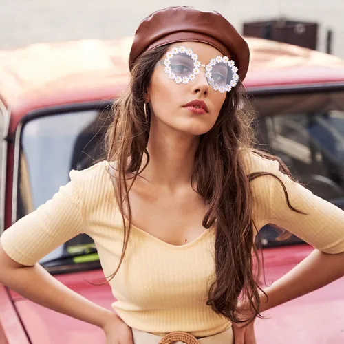 Miniatura 3 de 2 pares de lentes de sol de margarita para mujer, gafas redondas de flores para adultos y niños, decoración con gafas de tela bolsa de franela