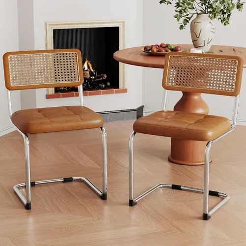 Miniatura 21 de Alunaune Juego de 2 sillas de comedor modernas de mediados de siglo, sillas de cocina tapizadas de ratán natural, sillas laterales sin brazos