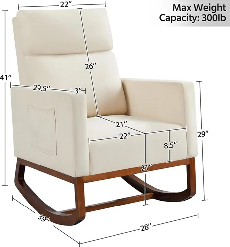 Miniatura 3 de Topeakmart Mecedora tapizada para cuarto de bebé, moderna silla de acento con patas de madera, bolsillo lateral, sillón mecedor para guardería, sala