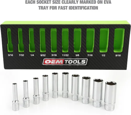 Miniatura 2 de OEMTOOLS 23985 Juego de 10 piezas de llaves profundas de 1/4 de pulgada, tamaños SAE 3/16"-9/16", juego de llaves de vaso de 1/4 de unidad