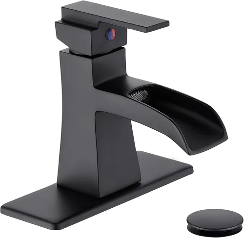 Miniatura 11 de Grifo de baño de cascada de níquel cepillado, grifo de lavabo de baño de una sola manija con desagüe pop-up y placa de cubierta para 1 o 3 orificios