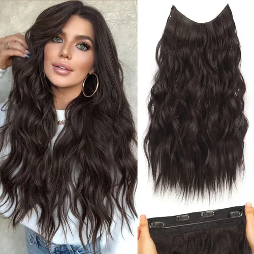 Miniatura 7 de Extensiones de cabello largo ondulado rubio miel con reflejos, línea de pescado transparente, postizo sintético con 4 clips de seguridad, diadema