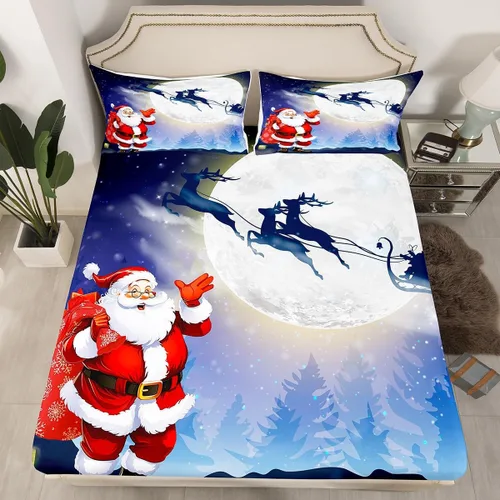Miniatura 8 de Erosebridal Sábana bajera ajustable de Papá Noel con bolsillo profundo para niños, niñas y niños, juego de ropa de cama de Navidad para niños