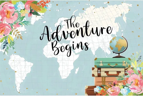 5x3ft Fabric Spring Floral The Adventure Begins Backdrop World Map Flower Baby Adventure Party Banner Washable Background SK0334A
