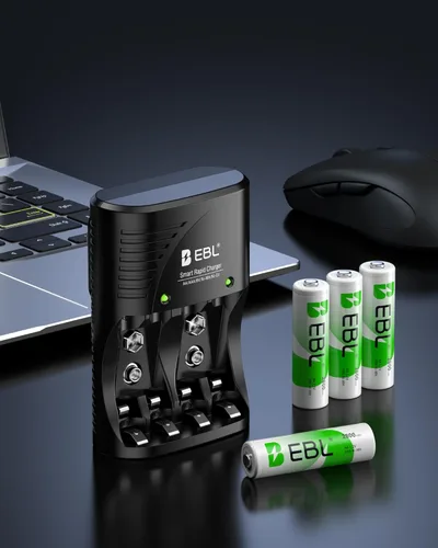 Miniatura 7 de EBL Cargador de batería de 4 bahías para baterías recargables AA y AAA con baterías recargables AA NiMh, 4 unidades, cargador de batería con enchufe
