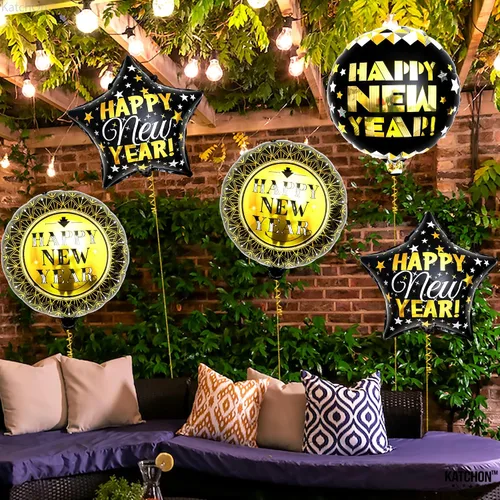 Miniatura 3 de KatchOn, Globos negros y dorados de Año Nuevo – 18 pulgadas, paquete de 5 Globos de feliz año nuevo para suministros de fiesta de Año Nuevo 2025