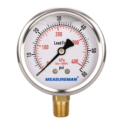 Miniatura 41 de MEASUREMAN - Manómetro de presión 1/4 NPT, manómetro de presión lleno de glicerina 0-100psi/kPa con esfera de 2.5 pulgadas y caja de acero