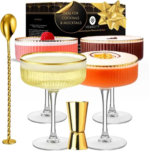 Miniatura 11 de VEMACITY - Juego de 4 vasos de Martini Espresso de lujo Vasos Coupé de 10 onzas con bordes dorados para champán, Cosmopolitans - Incluye jigger