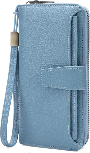 GOIACII Cartera para mujer, de gran capacidad, con bloqueo RFID, para teléfono, tarjetero de embrague, cartera larga de viaje, color azul