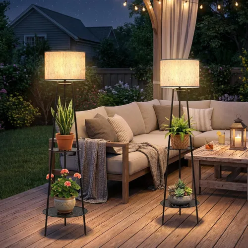 Miniatura 18 de MXwcy Lámpara de pie solar con soportes para plantas, luces solares para exteriores con bombillas LED Edison vintage, luces de jardín resistentes a