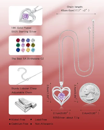 Miniatura 6 de THECEROS Collar de corazón para mujer, chapado en oro de 18 quilates, collar de piedra natal de plata de ley, regalo para mujer