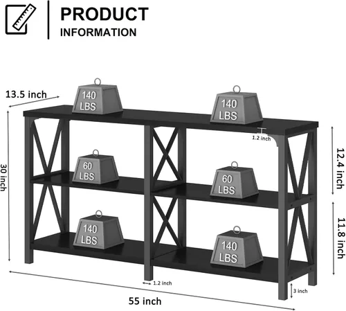 Miniatura 2 de LVB Mesa Consola Negra, Mesa de Entrada Moderna con 3 Niveles de Estantes de Almacenamiento, Mesa de Sofá Industrial Detrás del Sofá para Sala