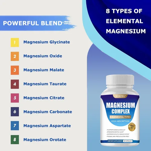 Miniatura 4 de Suplemento Complejo de Magnesio 8 Elemental 1000mg Suplemento de magnesio con glicinato, malato, citrato Sueño, relajación, huesos y músculos