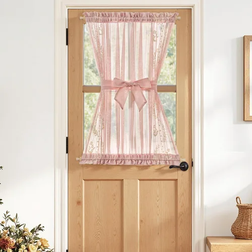 jinchan Cortina de puerta francesa semitransparente con lazos de amarre, cortina de privacidad de gasa bordada floral para puerta de patio, armario,