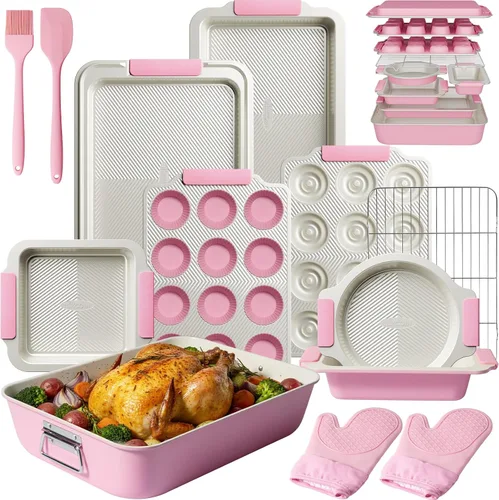 Miniatura 9 de Kikcoin Juego de 25 moldes apilables para hornear, juegos de utensilios para hornear antiadherentes con asas de silicona, hojas de galletas aptas